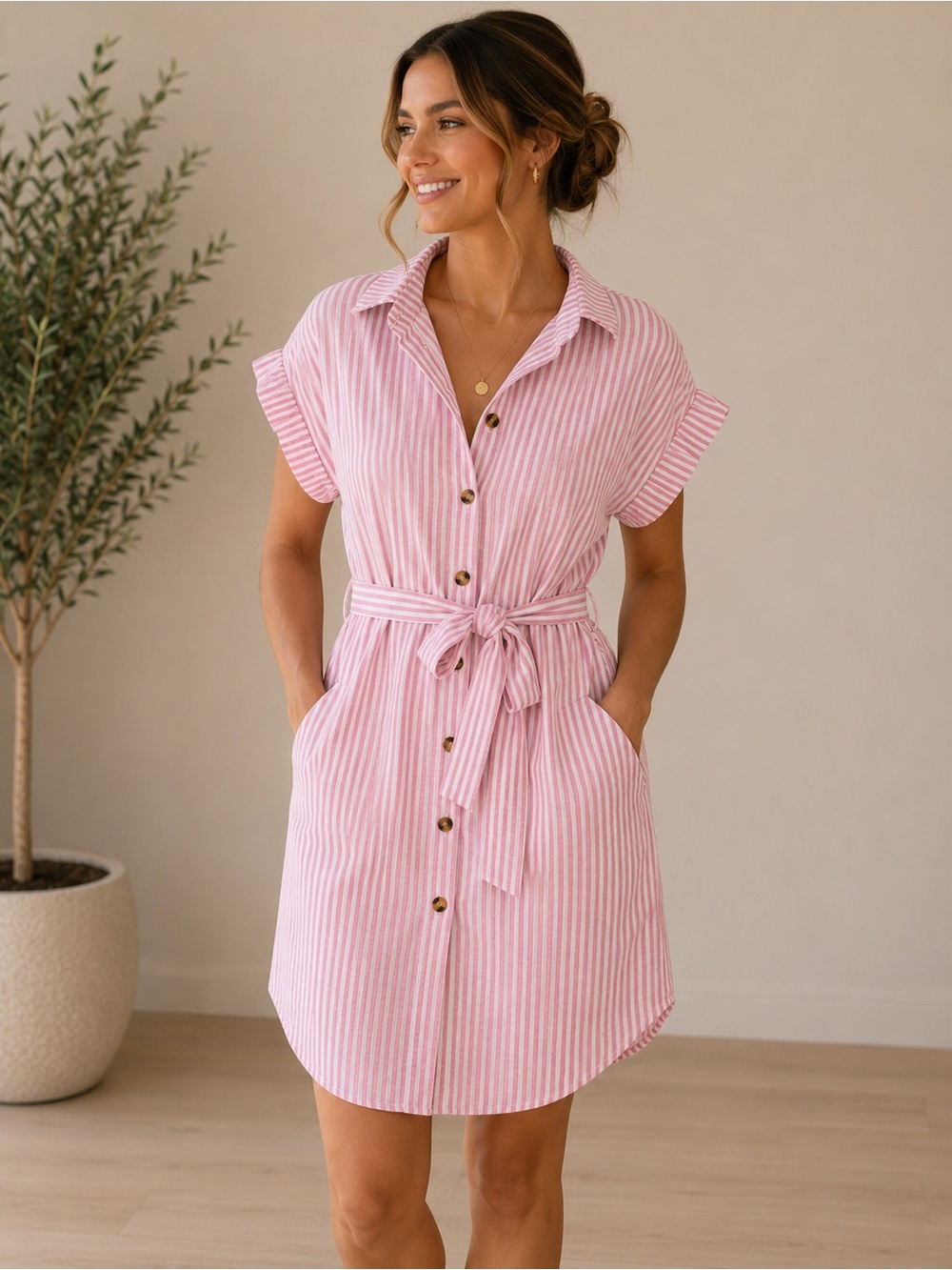 Button-Front Pink Striped Midi Dress with Tie Waist